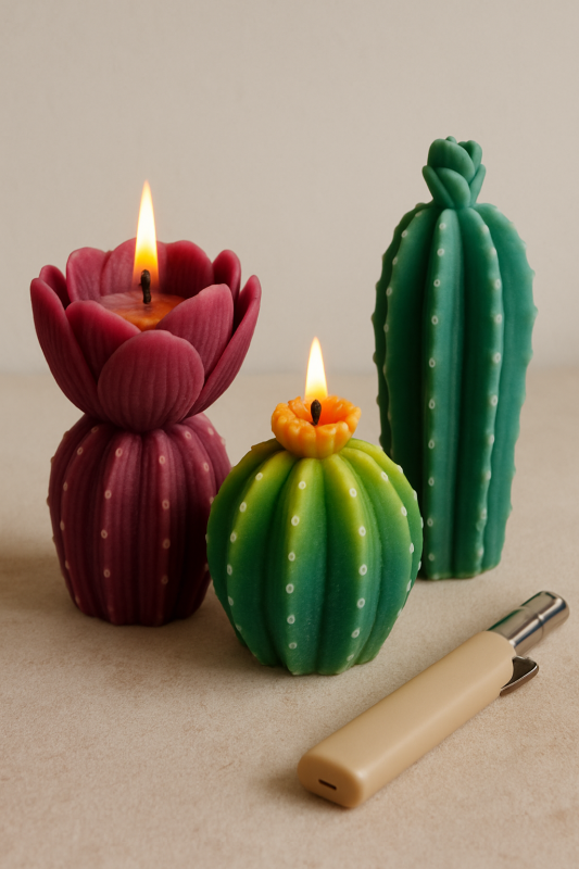 3 bougies cactus allumé