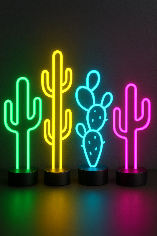 4 lampe neon cactus éclairé de diferentes couleurs