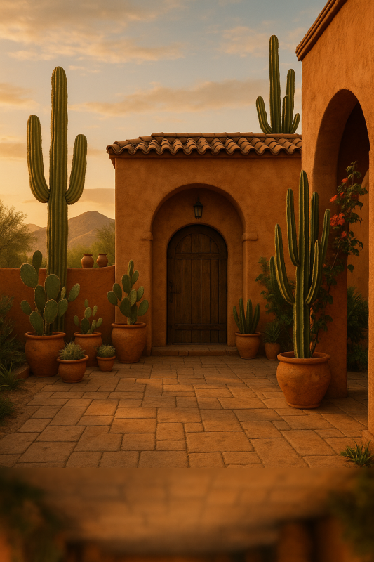 maison dans le desert avec des catus