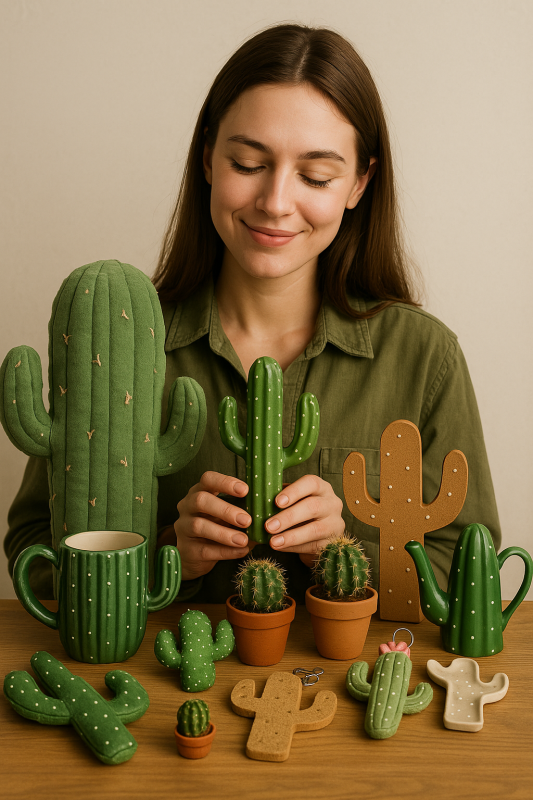 une femme qui souris avec des accesoire cactus