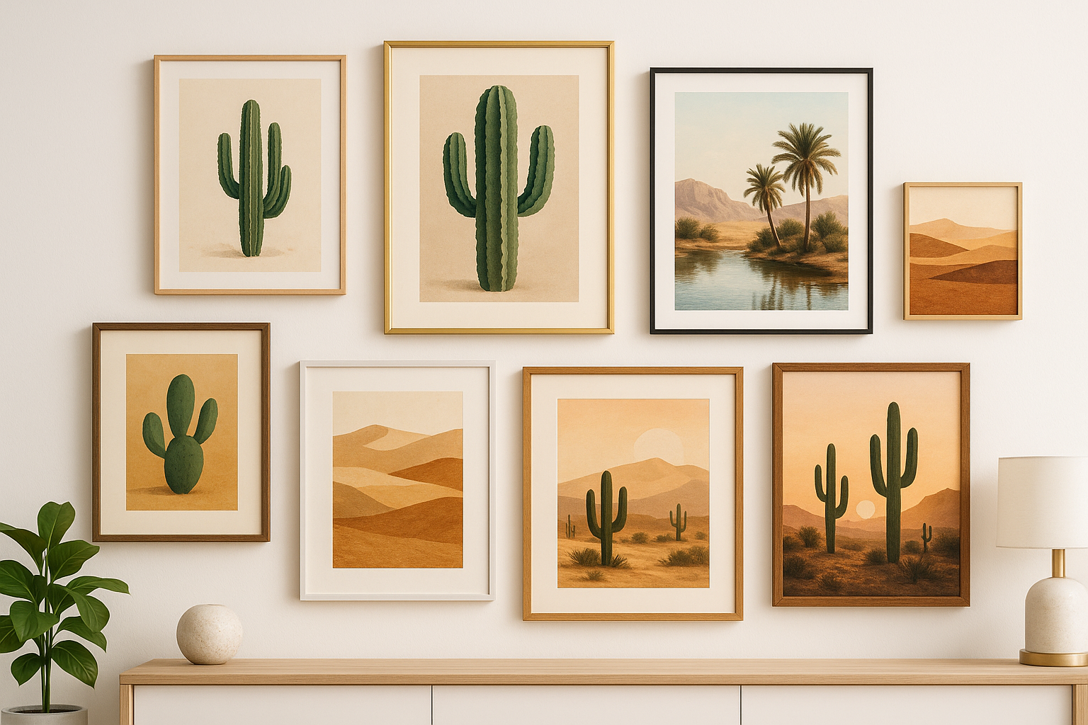 plusieur tableau et peinture de cactus et desert mis contre un mur