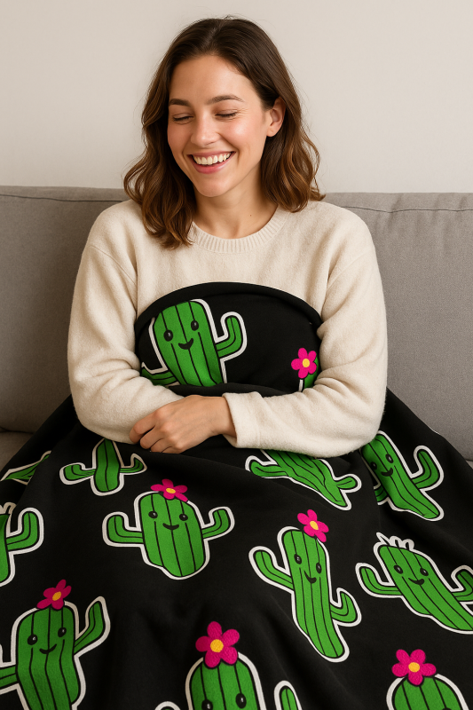 femme et plaid cactus