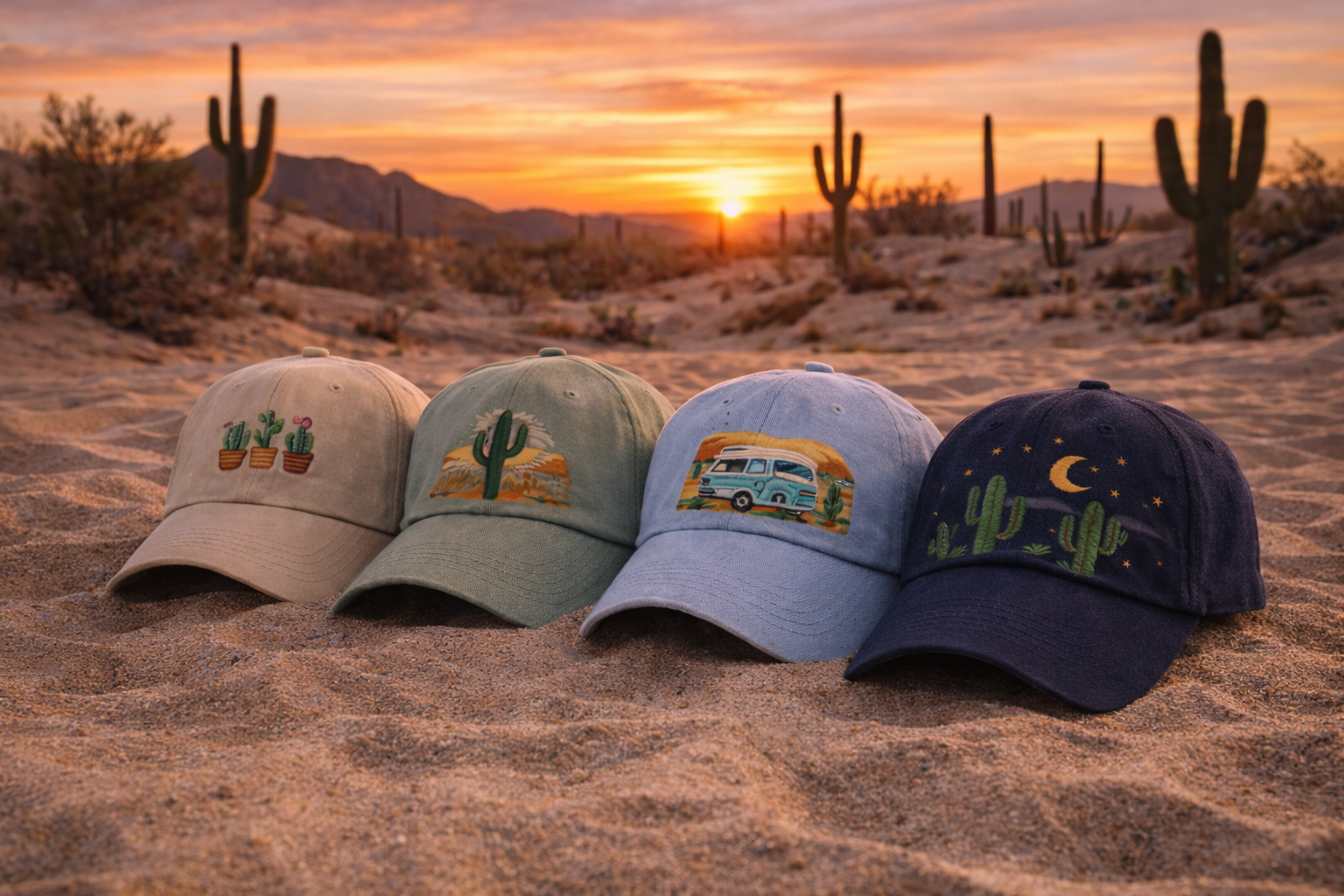 plusieur casquettes cactus posé sur le sable