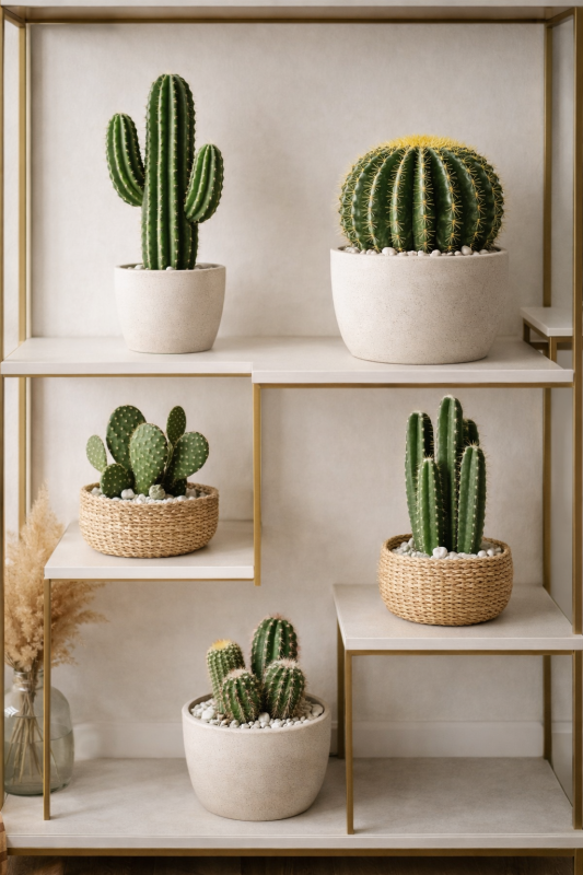 plusieurs cactus sur etagere