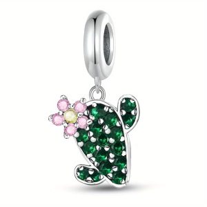 Pendentif cactus en argent 925 et zircon avec fleur rose et jaune